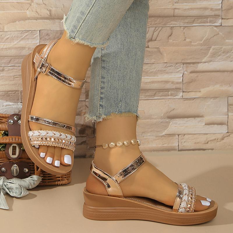 Fashion Fashion Rivet Decor Wedge Sandals for Women Summer Lightweight Non Slip Beach Shoes Woman Buckle Strap Platform Sandalias Mujer