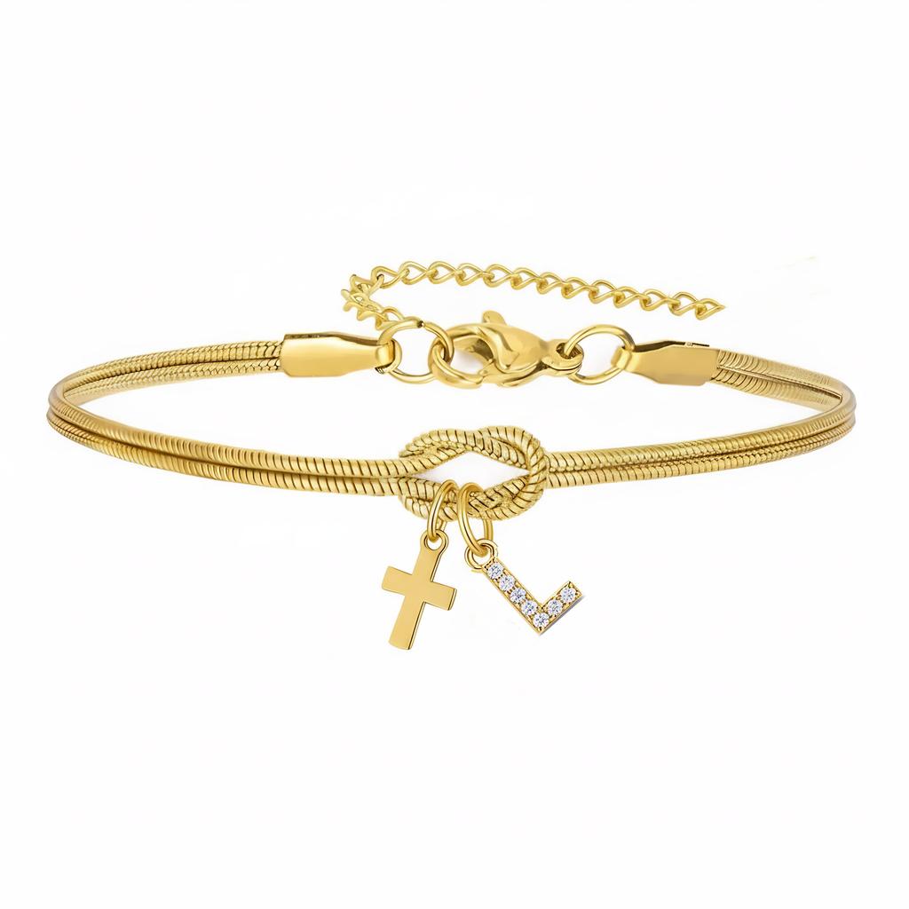 Double Knot Round Snake Bone Bracelet with Diamond 26 Letters Cross Pendant Charm Jewelry