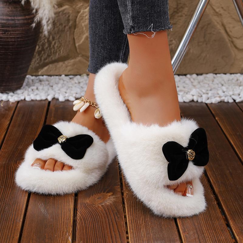 Sweet Suede Bowknot Decoration Faux Fur Slippers Women Autumn Round Toe Thick Bottom Slides Warm Cotton Outdoor Slippers