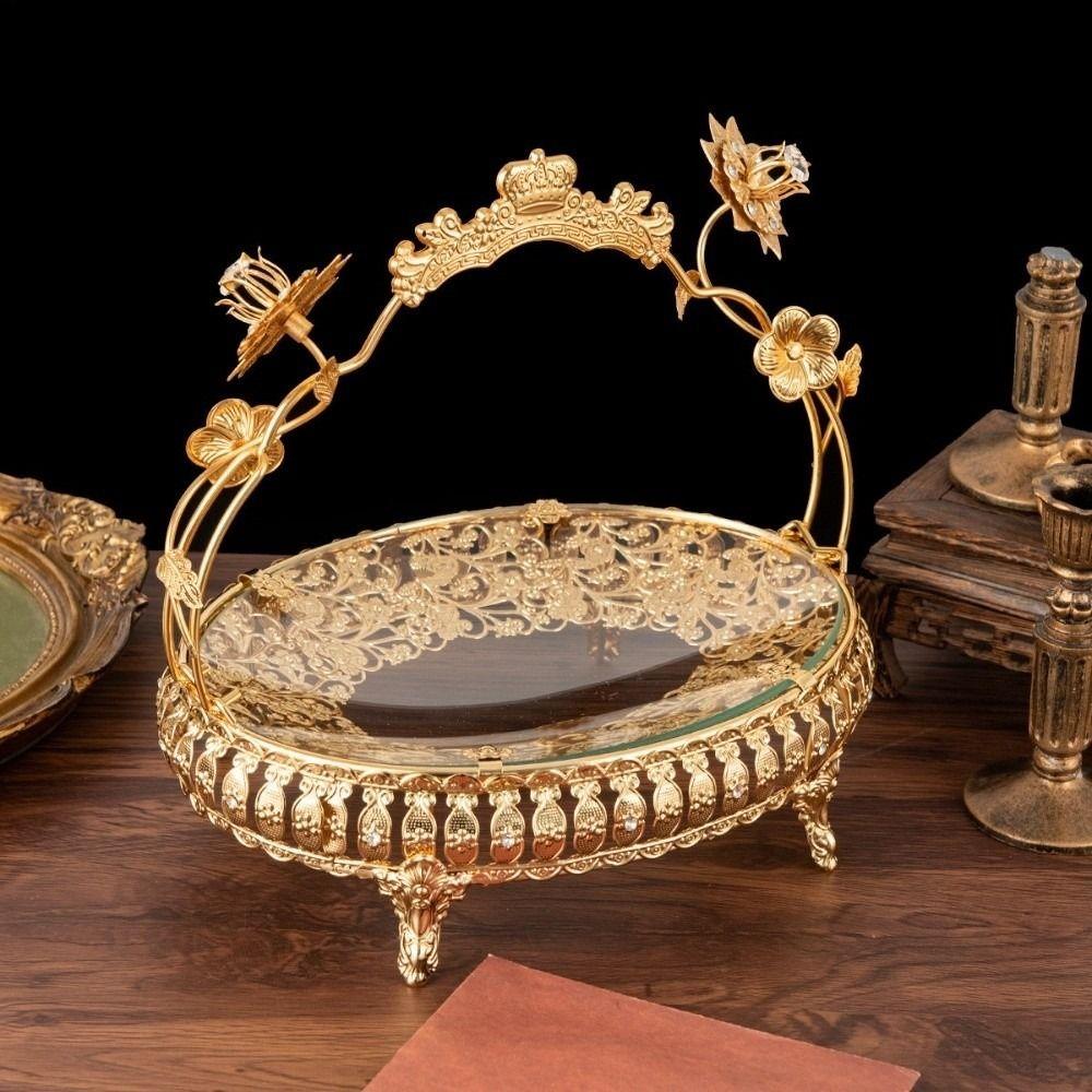 Golden Glass Pastry Tray Portable Handle Storage Bowl Retro Storage Basket Banquet Desktop