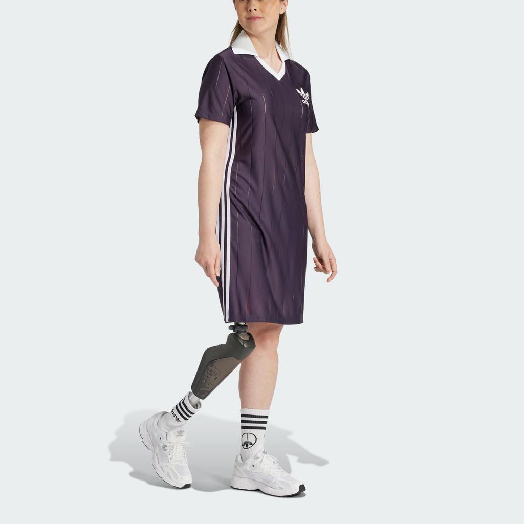 Adidas Originals Adicolor Pinstripe Dress Retro Sport Stripe Design Fashion Short Sleeve Dress Women Dresses Purple IZ3199