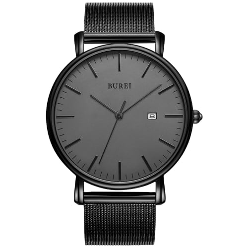 BUREI Men's Watch, Simple, Waterproof, Analog, Popular, Stylish Milanese Design with Mesh Strap, Black/Gray