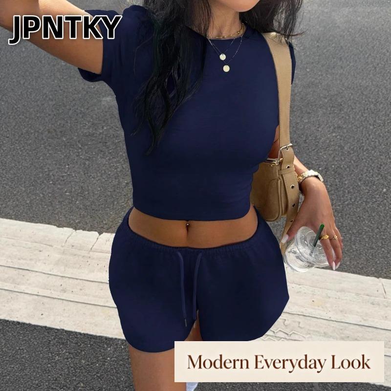 JPNTKY Women's Fashion Casual Short Sleeve O-Neck Pants Suits