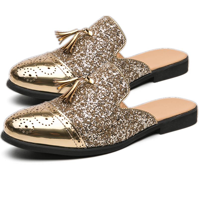 Bling Luxury Half Slippers for Men Large Size 38-47 Leather Loafers Men Mules Tassel Casual Shoes Man Summer Zapatos De Hombre