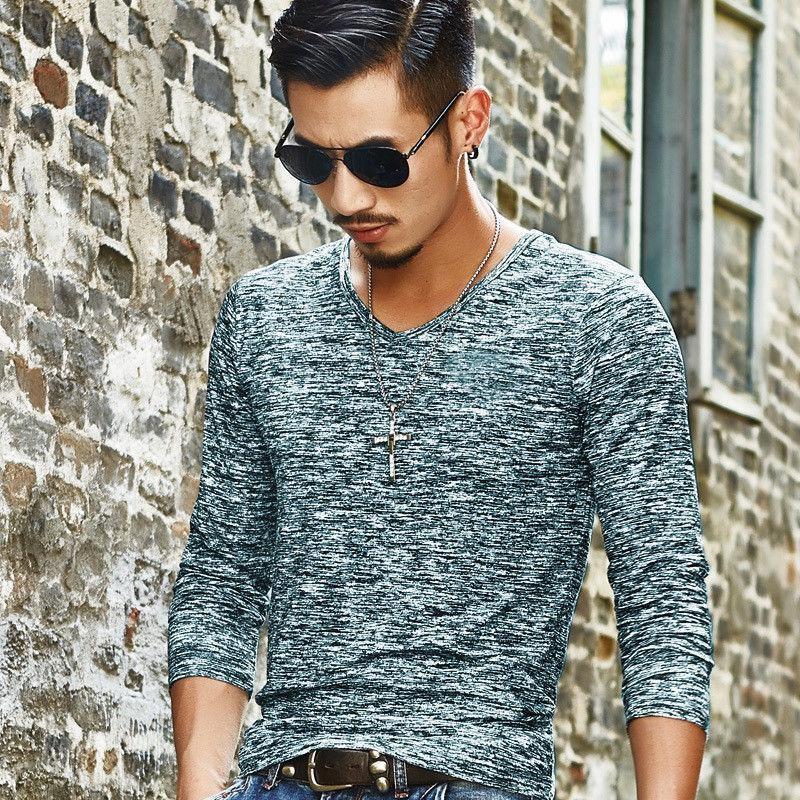 Premium Fashion Men's Muscle Long Sleeve Shirt V-neck Casual Slim Fit Tee For All Occasions