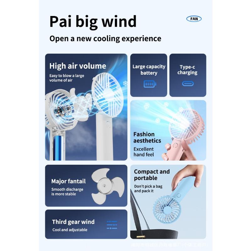 Portable USB Chargeable Handheld Fan Summer Mini Fan Outdoor Cooling Fan 3-gear Desktop Fan with Phone Holder for Office Study