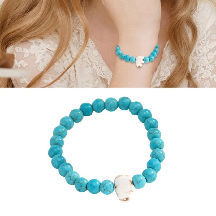 8MM Round Gemstones Bracelet With Turquoise Accent And Elephant Charm Perfect For Adding A Natural Touch To Outfits