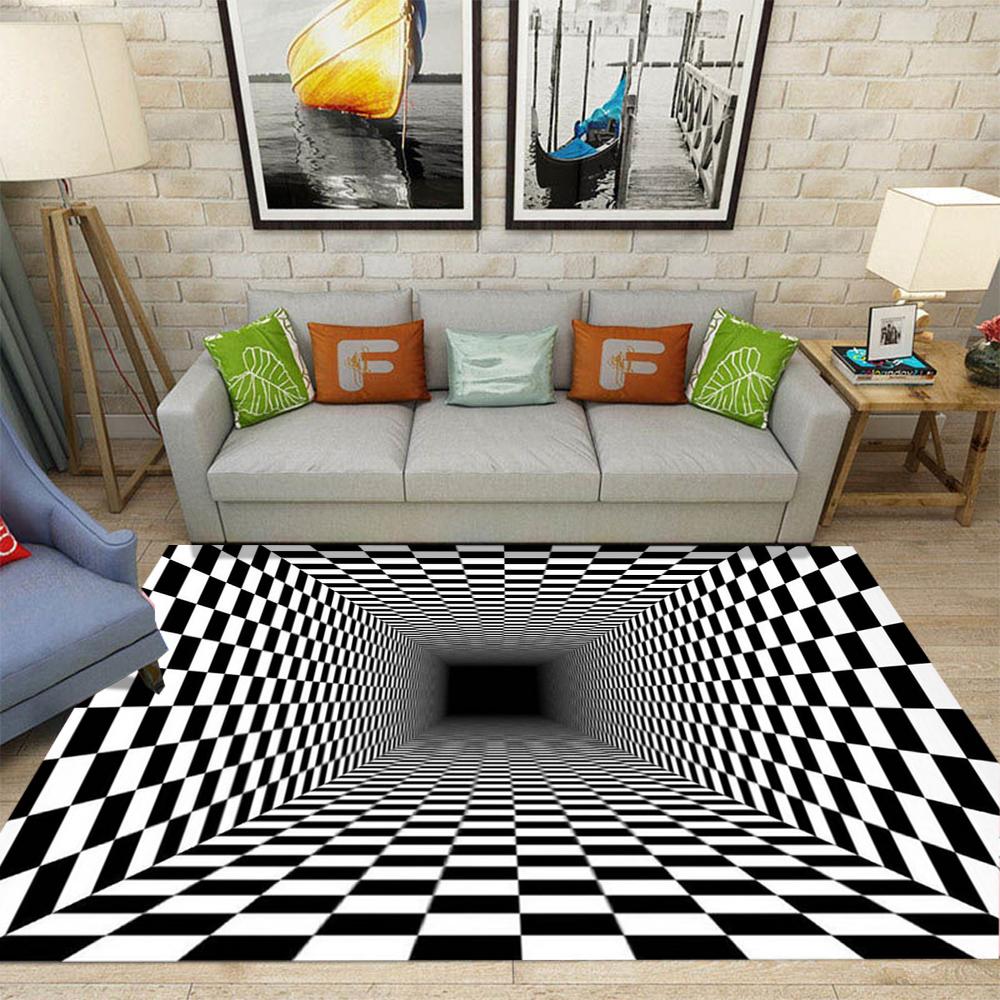 3D Hollow Visual Illusion Carpet Black and White Striped Rug Living Room Bedroom Anti Slip Decoration Mat Home Decoration