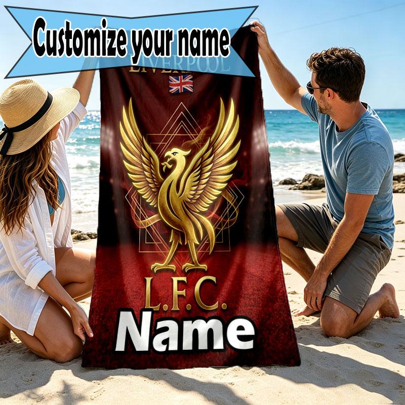 Custom Name Personalized Liverpool FC Print Beach Towel, for Trip Camping Beach Party Home Decor, Birthday Gift for Family & Friends