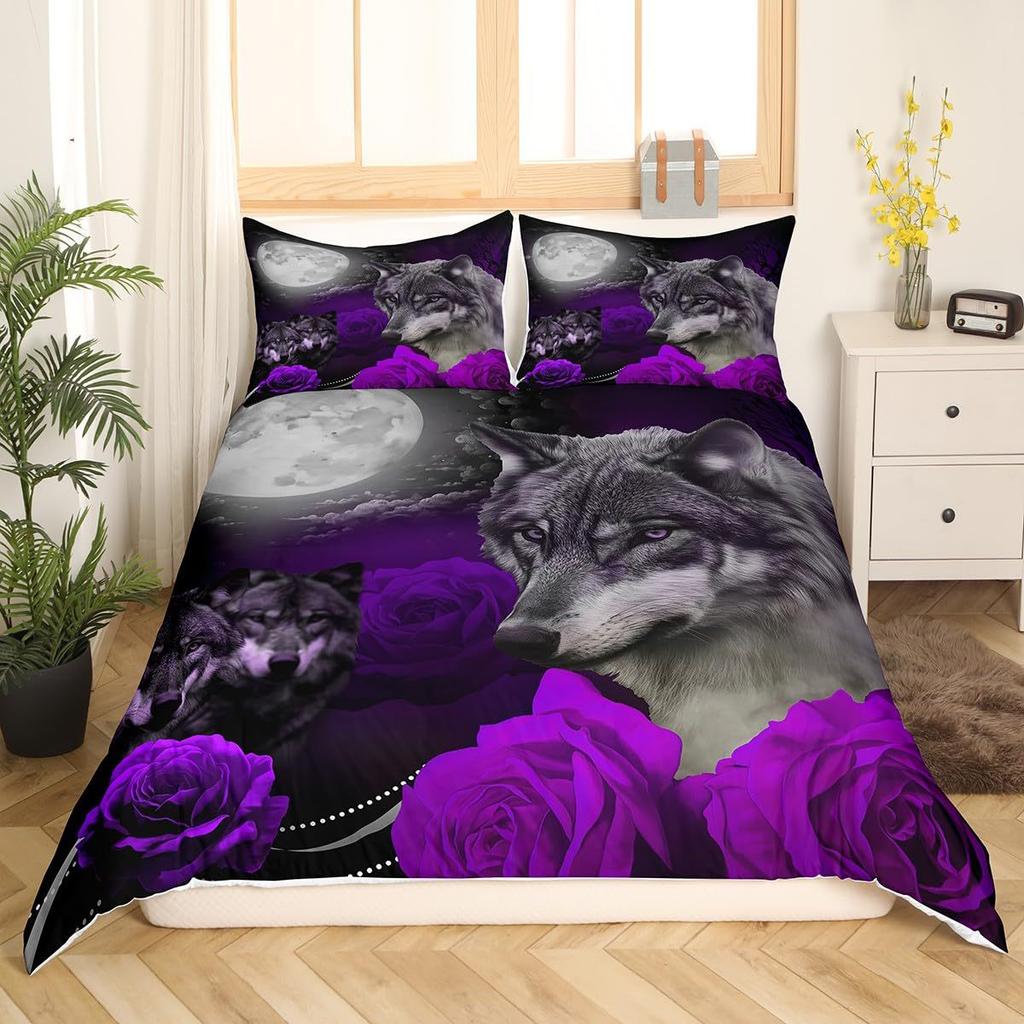 Wolf Sternenhimmel Wald Bedrucktes Bettbezug-Set Bettwäsche-Set für Schlafzimmer Dreiteiliges Set