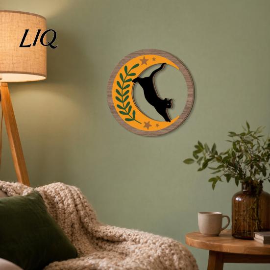 Artistic Cat Wall Piece 4Pcs 3D Boho Decoration, Round Wooden Hangings, Animal Star Sun Moon Layered Wood Hanging Botanical Decor, Plaque for