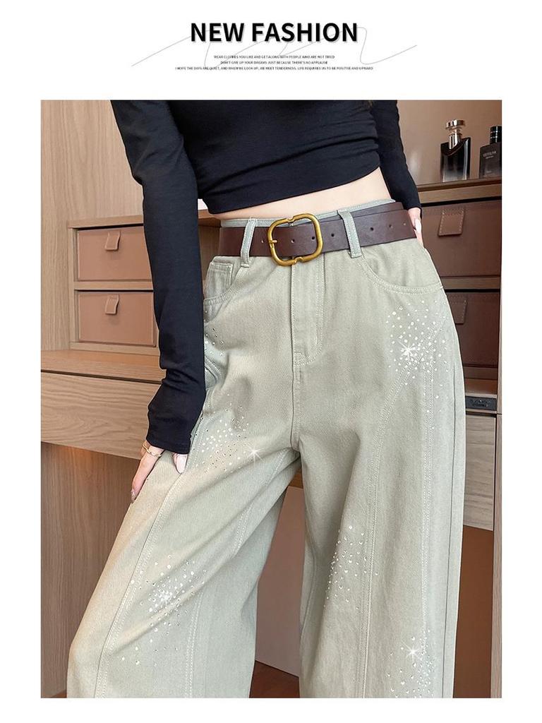 Women's Retro Fireworks Rhinestone Denim Jeans: Stylish Wide-Leg, Floor-Length Pants