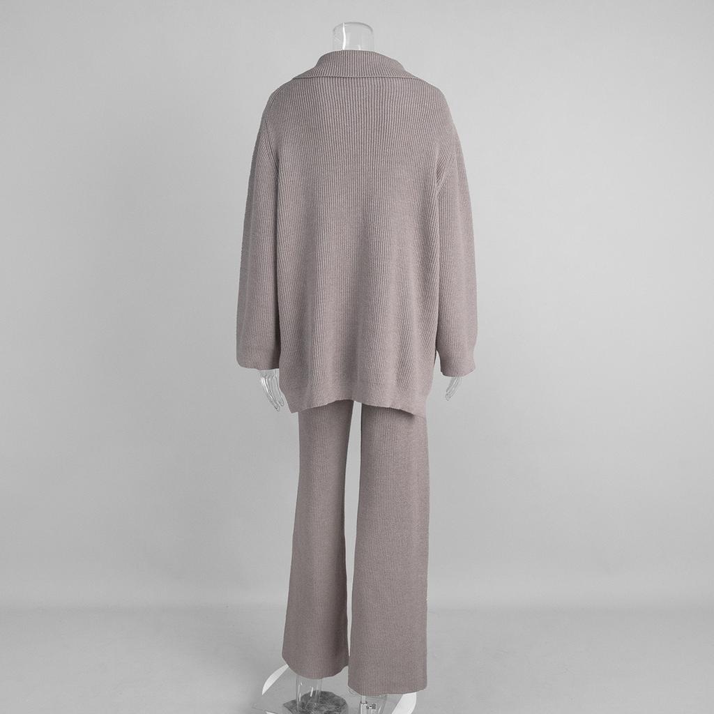 2025 Herbst Winter Neues Damen Strickpullover Set mit Halbreißverschlusskragen Langarm Weitbein Hose Outfit für Europa und Amerika