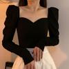 Cămăși elegante de epocă femei cu mâneci bufante cu guler pătrat Bluze de birou coreeană toamnă negru șic subțire ocazional toate topurile asortate