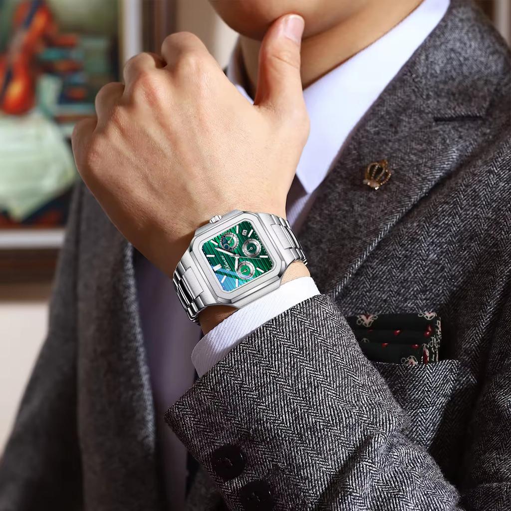 Fashion Men Watch Luminous Waterproof Chronograph Date Man Wristwatch Square Stainless Steel Quartz Men's Watches Reloj