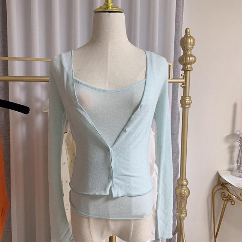 Jemně růžový podzimní dámský set tílka a kardiganu proti slunci Dongdaemun