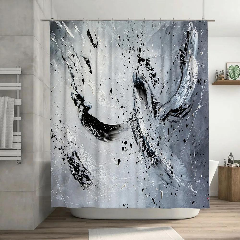 Modern Bathroom Shower Curtain Set with Black Splatter Art Design Waterproof Home Decor for Bathtub Area Easy Installation (Whit