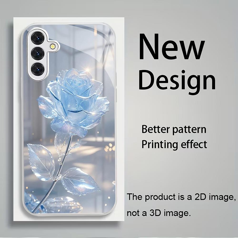 Blue Ice Rose Metallic Glass Phone Case Suitable for Samsung Galaxy S26 S25 S24 S22 S21 S20 FE/Ultra/Plus Anti Drop Rear Cover