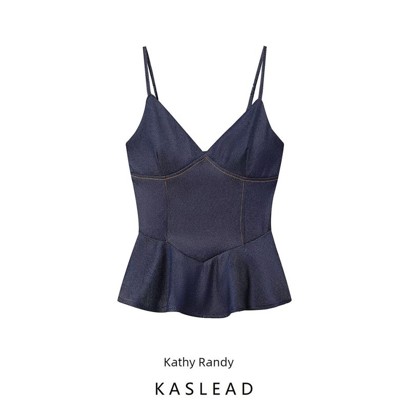 Kaslead New Women clothes Western Style Fashion Simple Twill Frill Sling Top 0858263