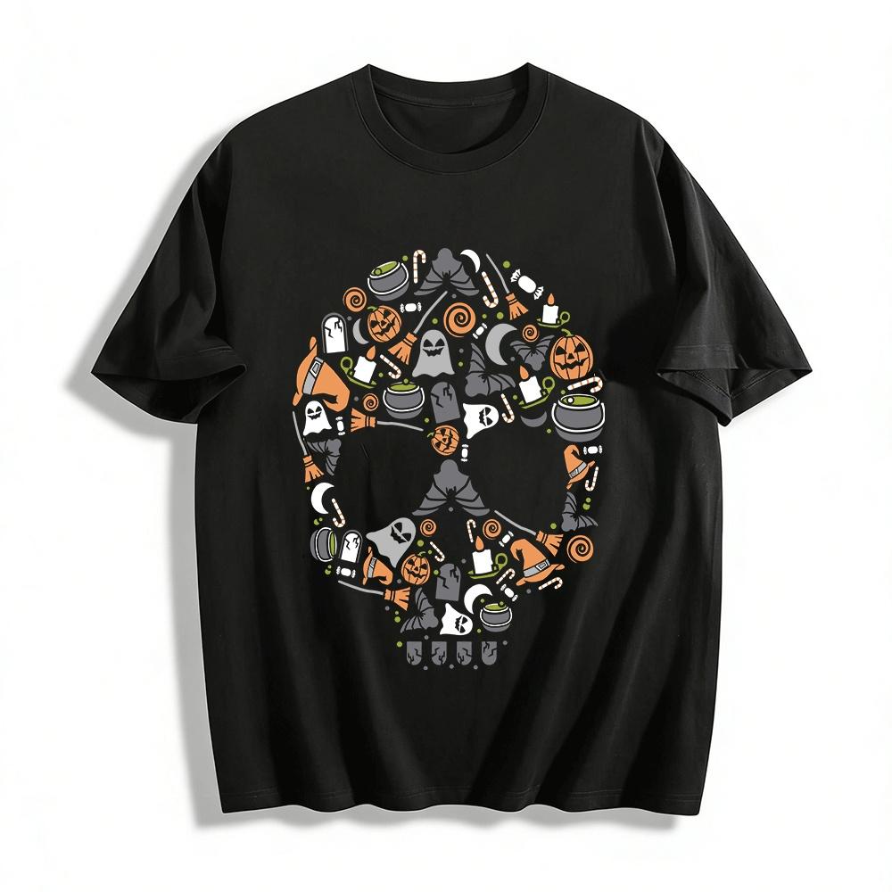 Halloween Skull Pattern Print Casual Crew Neck Short Sleeve Top Pure cotton T-shirt XXS