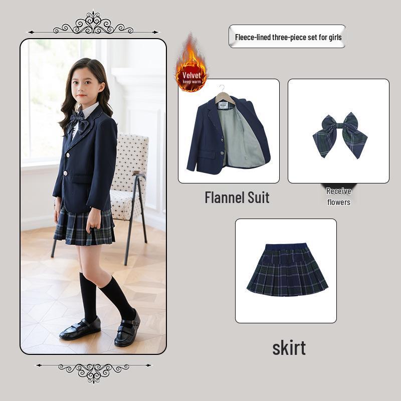 British Style Winter Uniform for Primary and Kindergarten – Children's Velvet Suit Set with Jacket