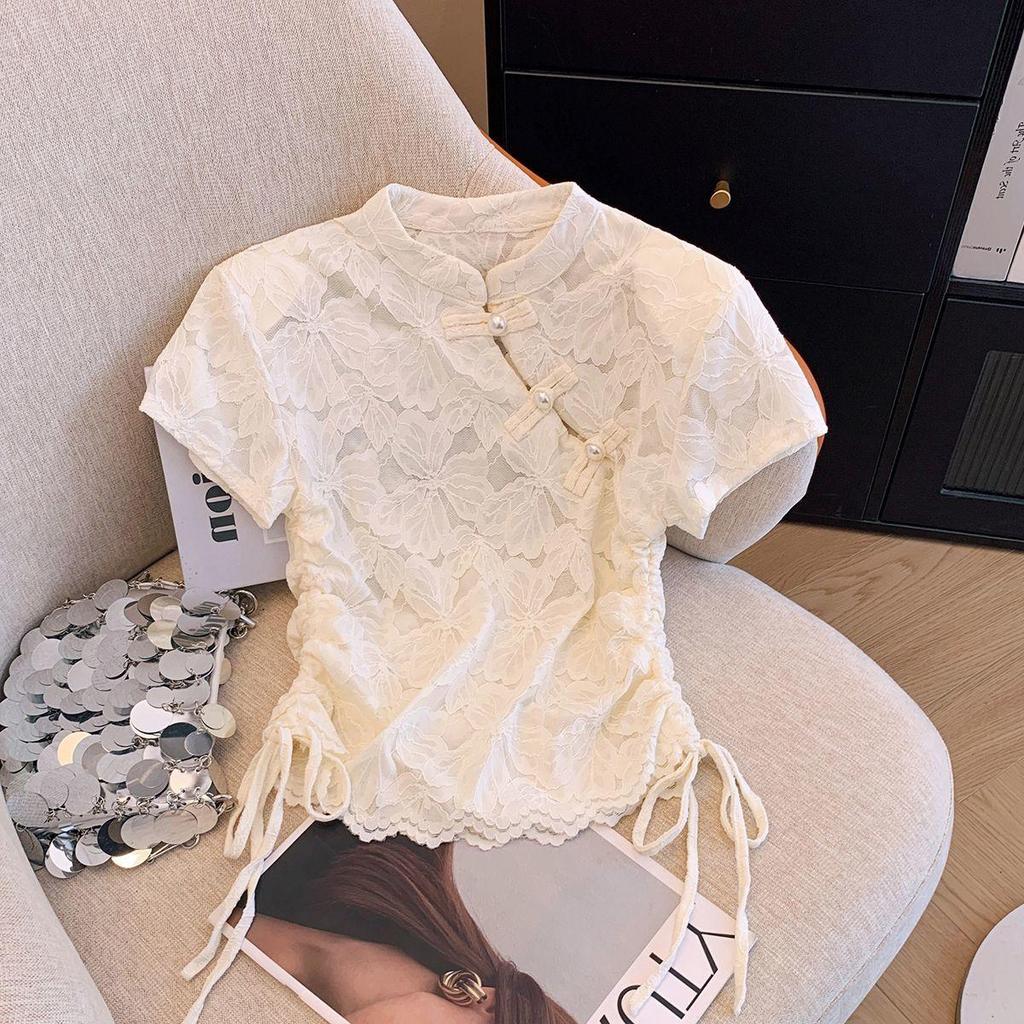 Damen Sommer Froschknopf Spitzenoberteil mit Jacquardstickerei und Tunnelzug