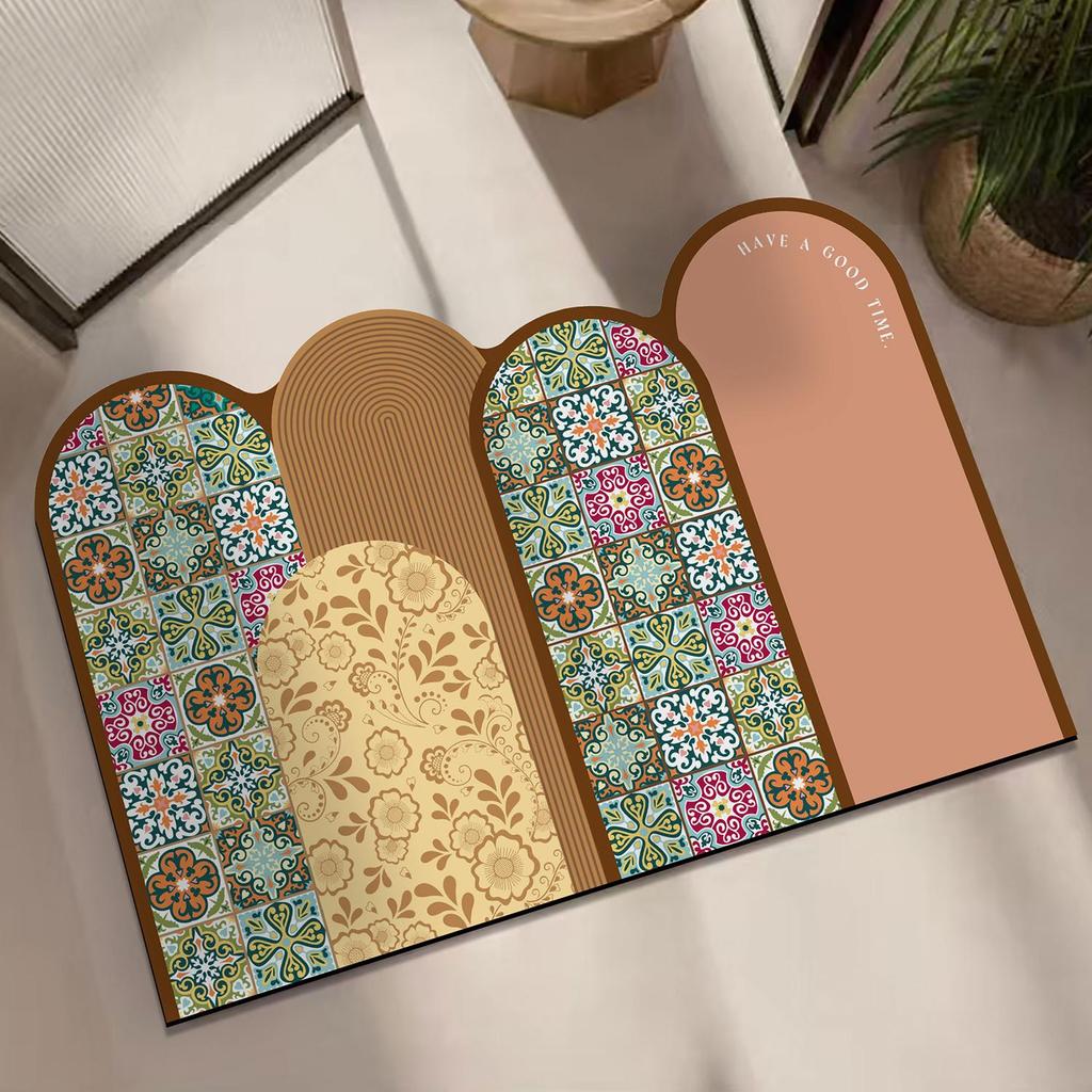 Retro Flower Tile Pattern Bathroom Floor Mat - Wear-Resistant, Dirt-Resistant, Non-Slip, Absorbent Diatomaceous Earth Mat