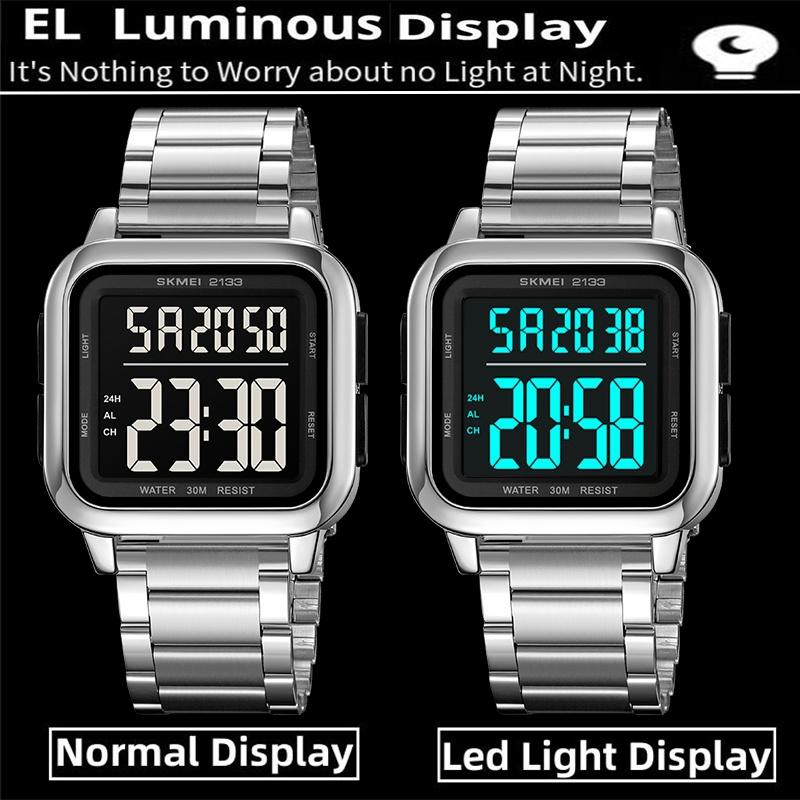 Skmei Digital Watches for Mens 30m Waterproof Back Light LED Chronograph Luxury Stainless Band Strap Date Week Display Dual Time