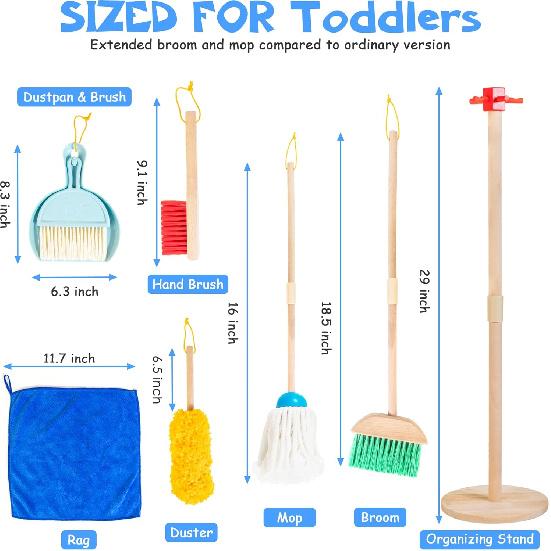 Wooden Kids Cleaning Set for Toddlers,8 Pieces Montessori Cleaning Toys with Kids Broom and Mop Set, Housework Pretend Play Toy Gift for Boys Girls
