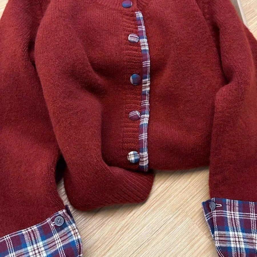 Korean Style Plaid Patchwork Two-Piece Look Sweater - Women's Autumn/Winter Loose Knitted Cardigan.