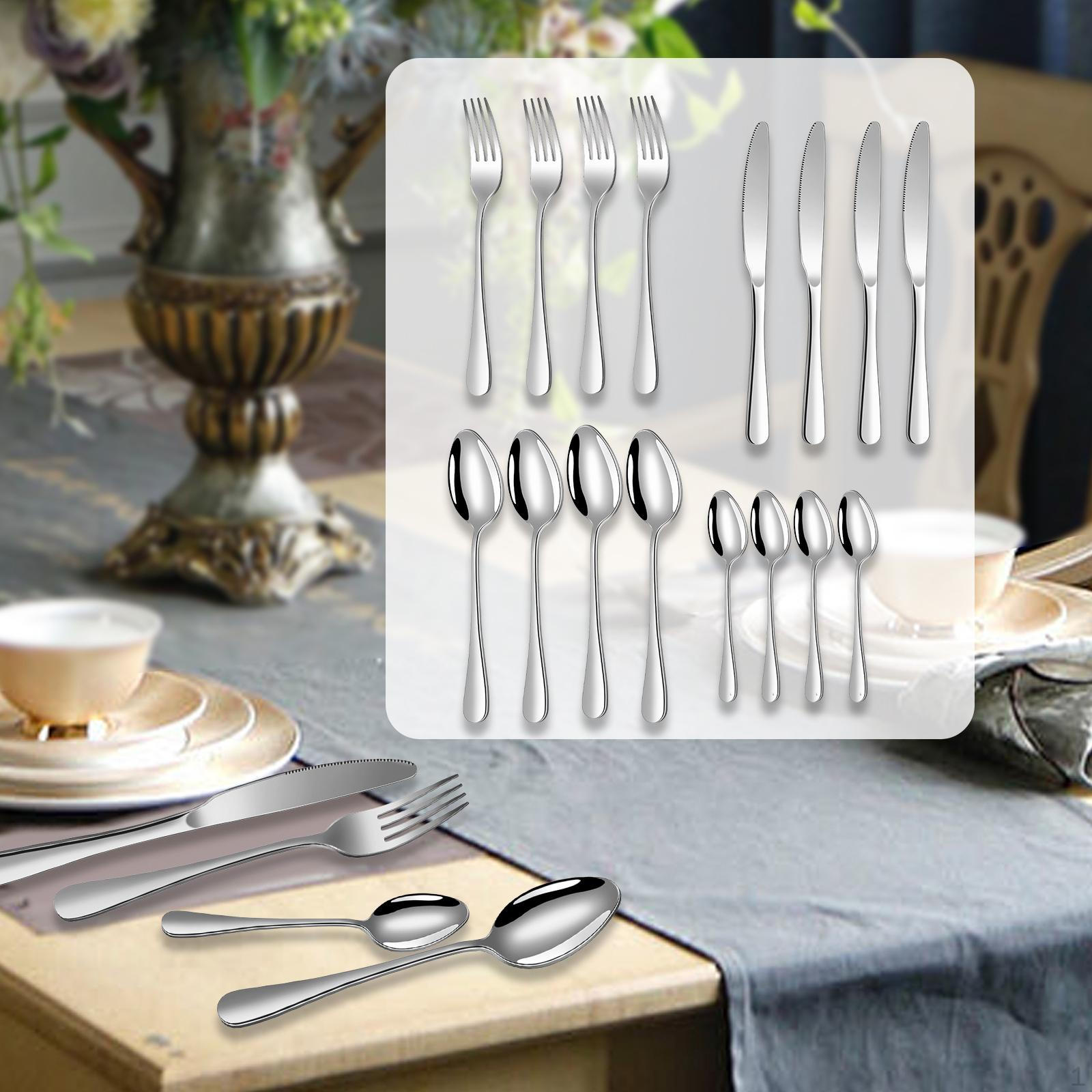

16 Pieces 4 People Cutlery Set Flatware Kitchen Utensil Knife Fork Spoon Stainless Steel for серебряный