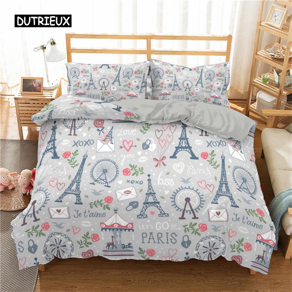 Eiffel Tower Duvet Cover Set King Paris Eiffel Tower Themed Bedding Set Polyester Cityscape Romantic Pink Love Heart Quilt Cover