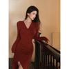 Retro red V-neck knitted dress for women's autumn and winter new medium and long temperament slim and thin hip skirt