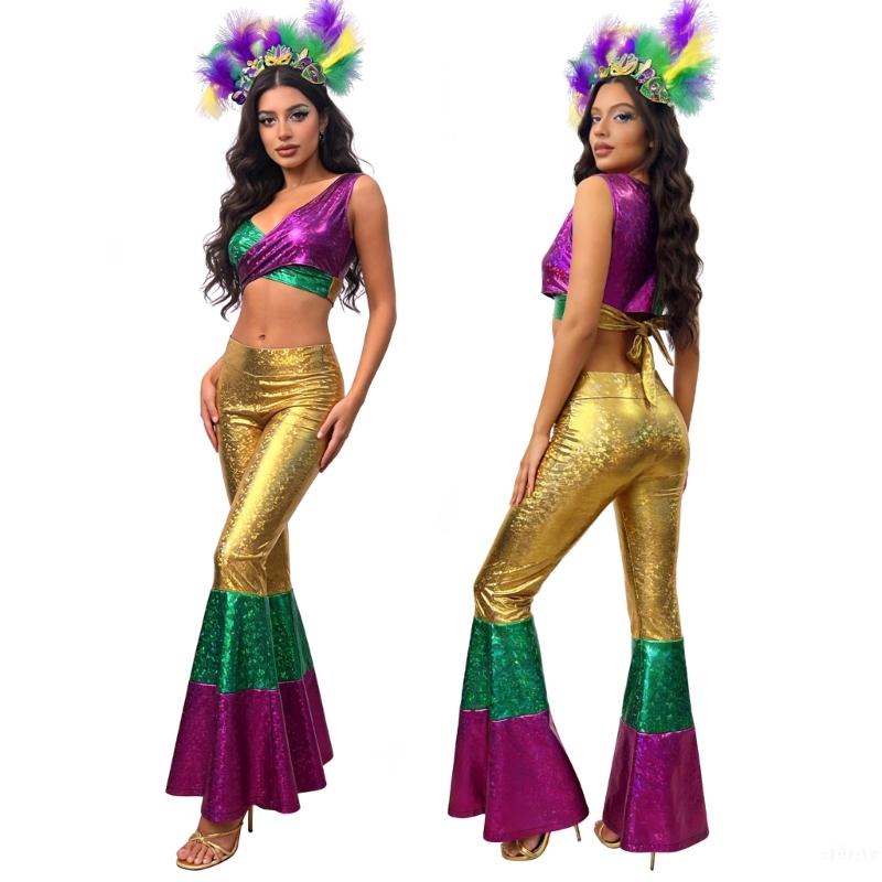 Disco Party Costume Set With Fashion Polyester Halloween Dance Costume And Matching Headpiece For Women