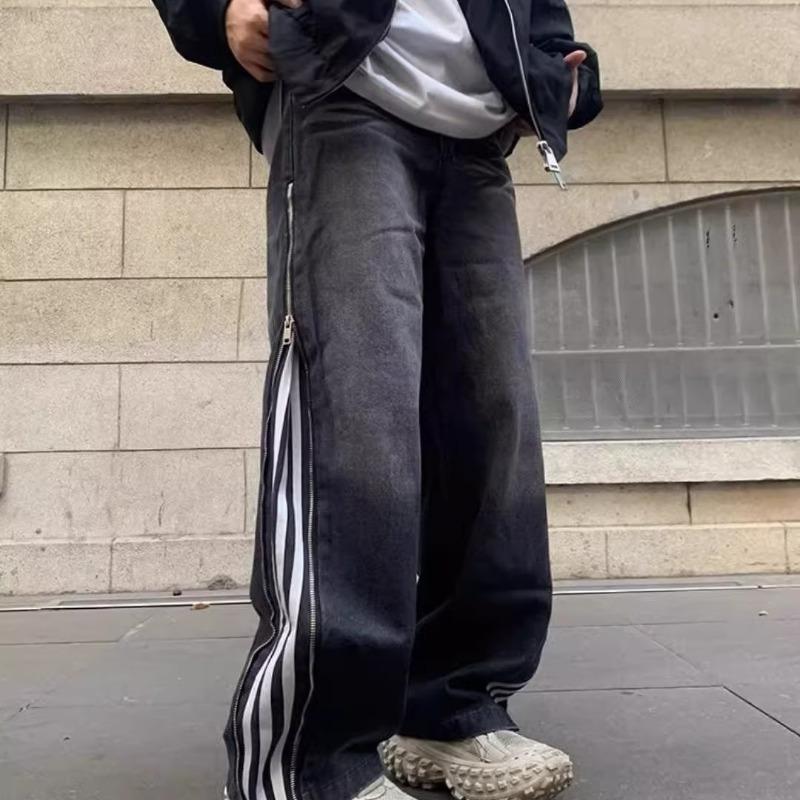 JYL Men's Black Striped Jeans Vintage Three-Stripe High-Street Loose Straight Denim