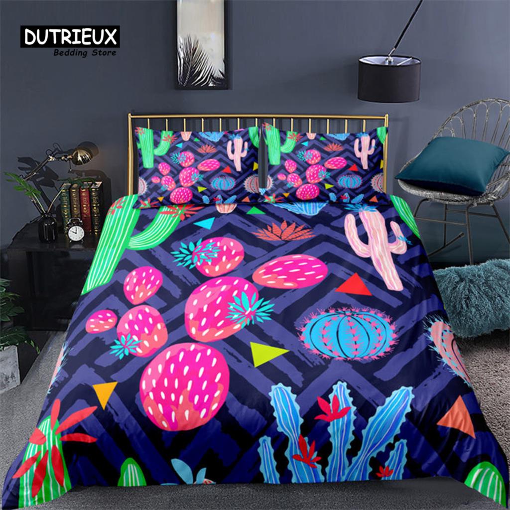 Cartoon Cactus Duvet Cover Spring Garden With Boho Style Bouquet of Thorny Plants Blossoms Decor 3 Piece Bedding Set Pillowcases