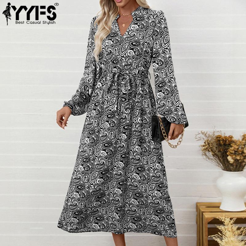 

YYFS Повсякденні сукні з довгим рукавом і V-подібним вирізом із високою талією жіночої моди весна-осінь S чорний