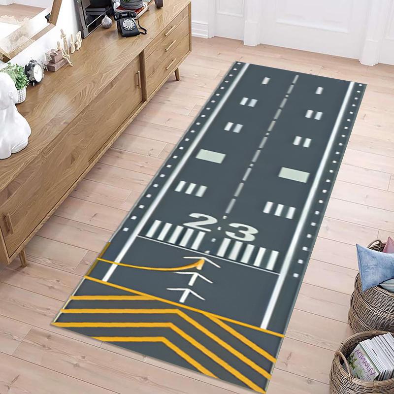 Realistic Airport Runway Long Runner Rug Exquisite Aircraft & Marking Print Durable Non-slip Corridor Mat for Hallway Entryway