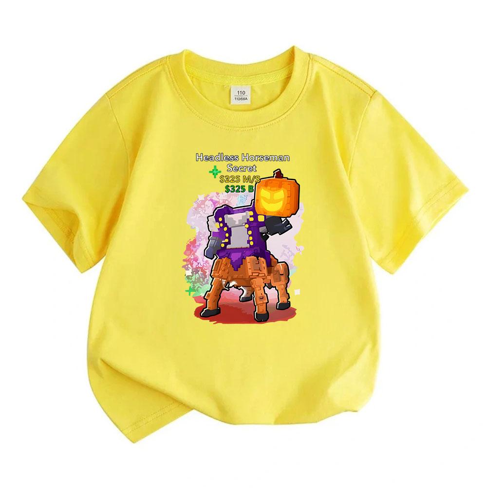 Kids Boys Girls 100% Cotton Crew Neck Short Sleeve T-Shirt, Funny Pixel Headless Horseman Pumpkin Print Casual Halloween Tees for Children Daily Wear