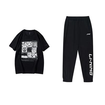 Breathable Round Neck Short Sleeve T-Shirt And Quick-Dry Pants Casual Sports Suit Unisex Sportswear Black AHSUA27-2+YYKU111-1
