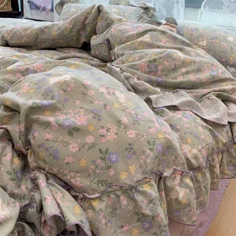 

Korean Style Princess Floral Bedding Sets 2025 Vintage French Pastoral Flowers Lace Ruffles Girls Duvet Cover Set Pillowcase 150x200 3pcs