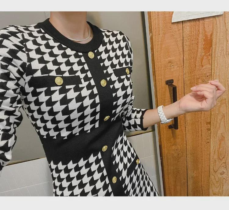 Dámské retro pletené svetrové šaty v korejském stylu s designem pasu ve stylu falešného dvoudílného oblečení - Móda 2023