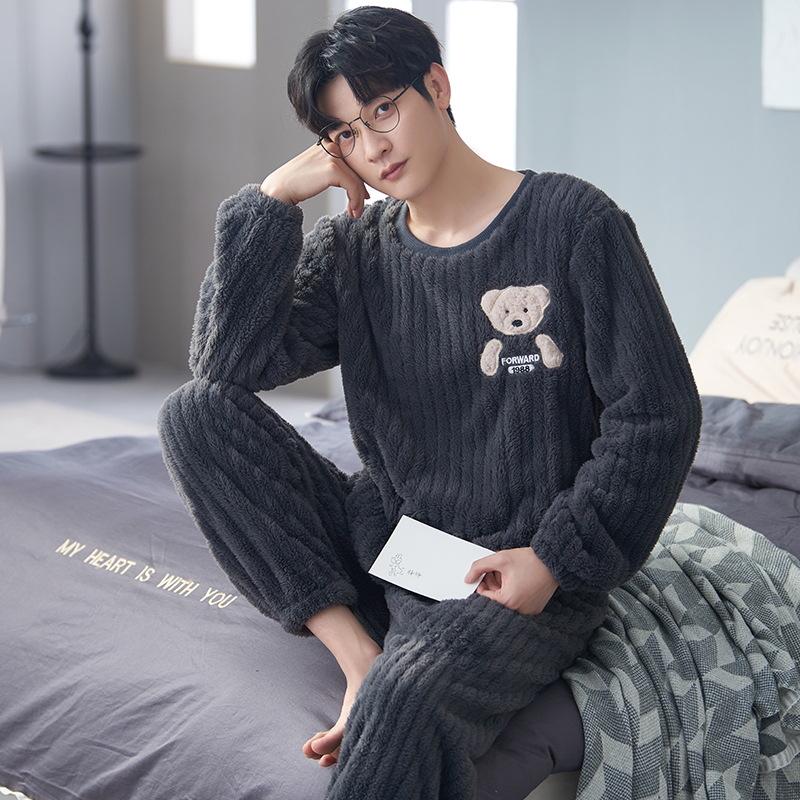 Men's Winter Thickened Coral Fleece Pajamas: Cute Cartoon Warm Homewear Set for Teenagers and Students