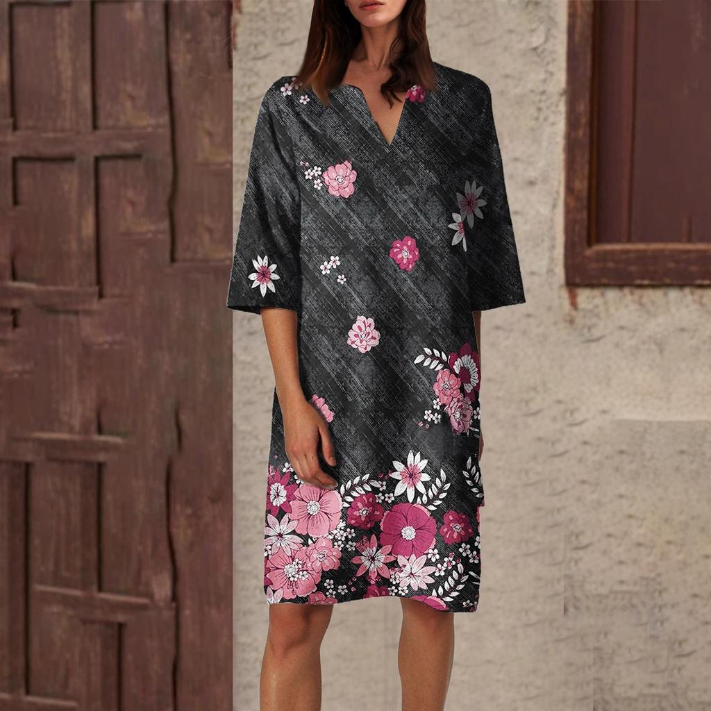 Women's Summer Retro Floral Print V-Neck Half Sleeve Dress Lightweight Breathable Dress