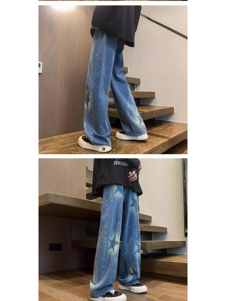 Unisex Korean Street-Style Elastic Waist Dark Star Jeans - Trendy, Loose Straight-Leg for Spring and Autumn