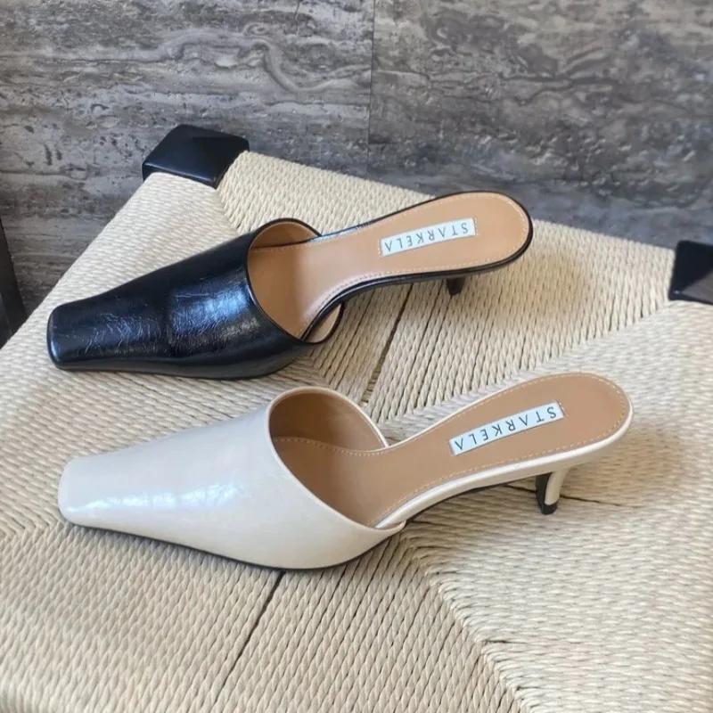 Square Toe Slippers Women High Heels Kitten Sandals Shoes Mules Fashion Summer 2025 New Leather Dress Pumps Casual Sandalias