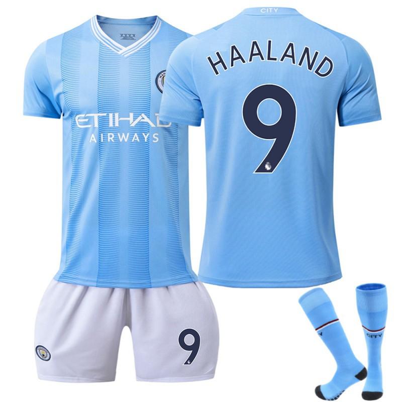 2324 Manchester City's Home Football Uniforms 17 De Braunet 9 Harland 10 Glalish Blue Word First Edition With Socks