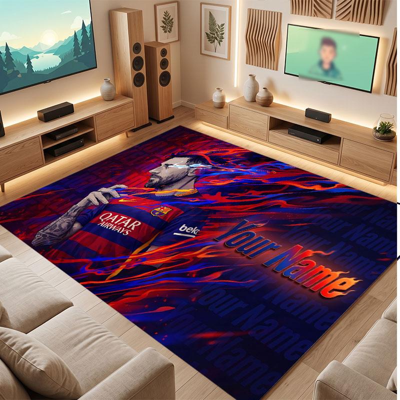 Lionel Messi Individueller Kristall-Samt-Teppich, Personalisierter Namens-Textdruck, Fußball-Logo Weiche rutschfeste Fußmatte Heimdekoration Geschenk