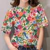 Moda Donna Girocollo Manica Corta Stampa Floreale 3D T-shirt a Manica Corta Girocollo con Fiori Colorati