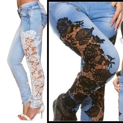 Spitzengespleißte, ausgehöhlte Bluejeans für Damen, schicke, neue Mode, schmale Jeans mit hoher Taille, schicke, schmale Vintage-Bleistifthose